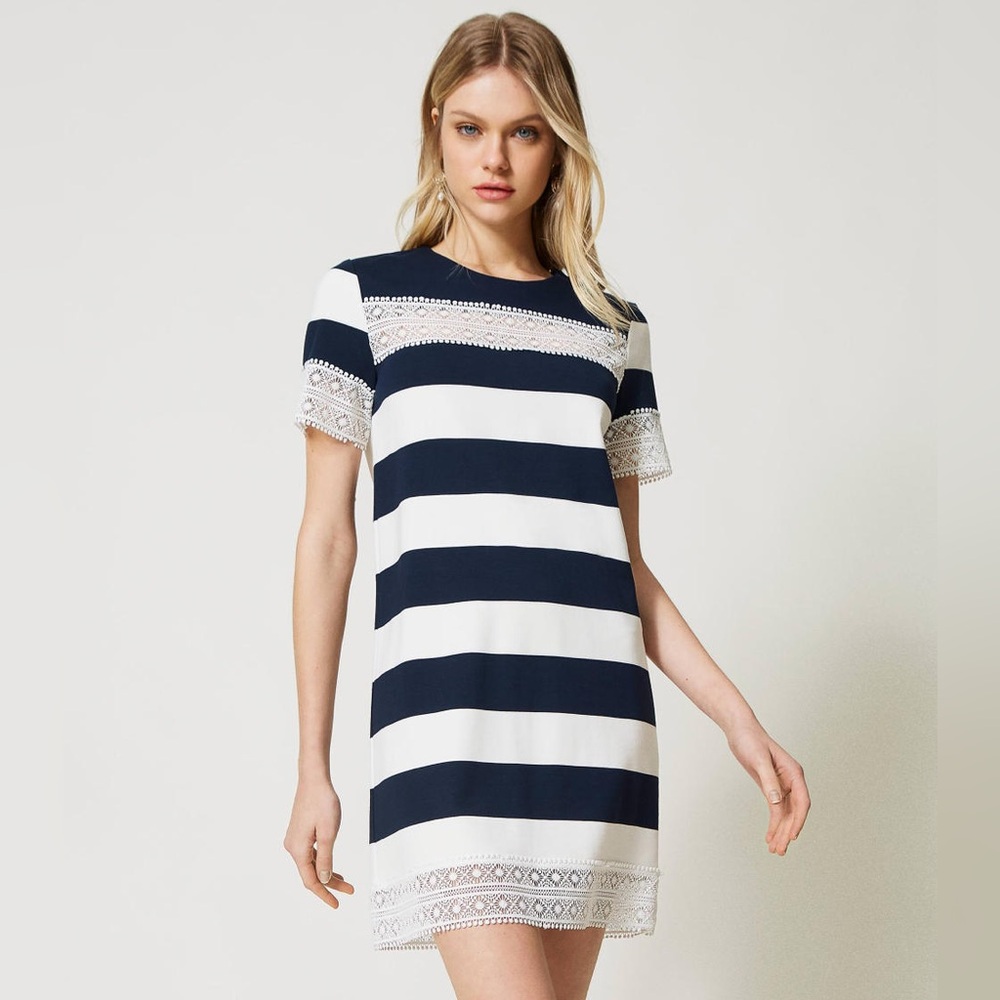 Twinset Milano Two-Tone Dress with Lace Sz M Striped New Sz 44